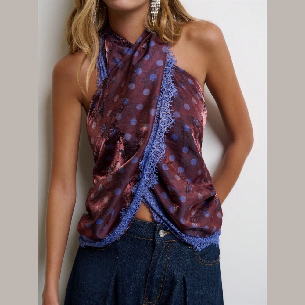 Plum Floral Polka Dot Lace Trim Criss-Cross Wrap Halter Top
